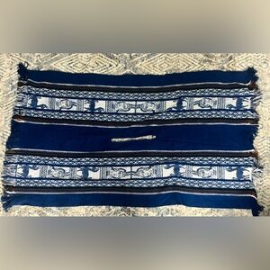 VTG Wool Blue Native Hand Made Llama Native American Man Poncho Fringe 44”x78”